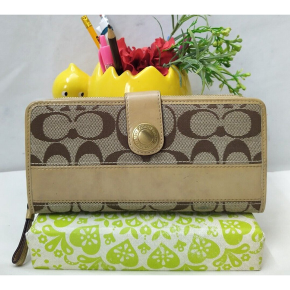 Coach Signature Brown Canvas Leather Trim Stripes 65th Ann. Zip Around Wallet - Picture 1 of 15